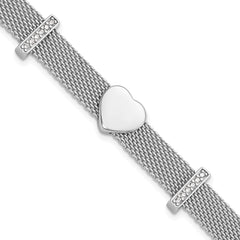 Sterling Silver Rhodium-Rhodium-Plated Mesh CZ Heart 6.75in Bracelet