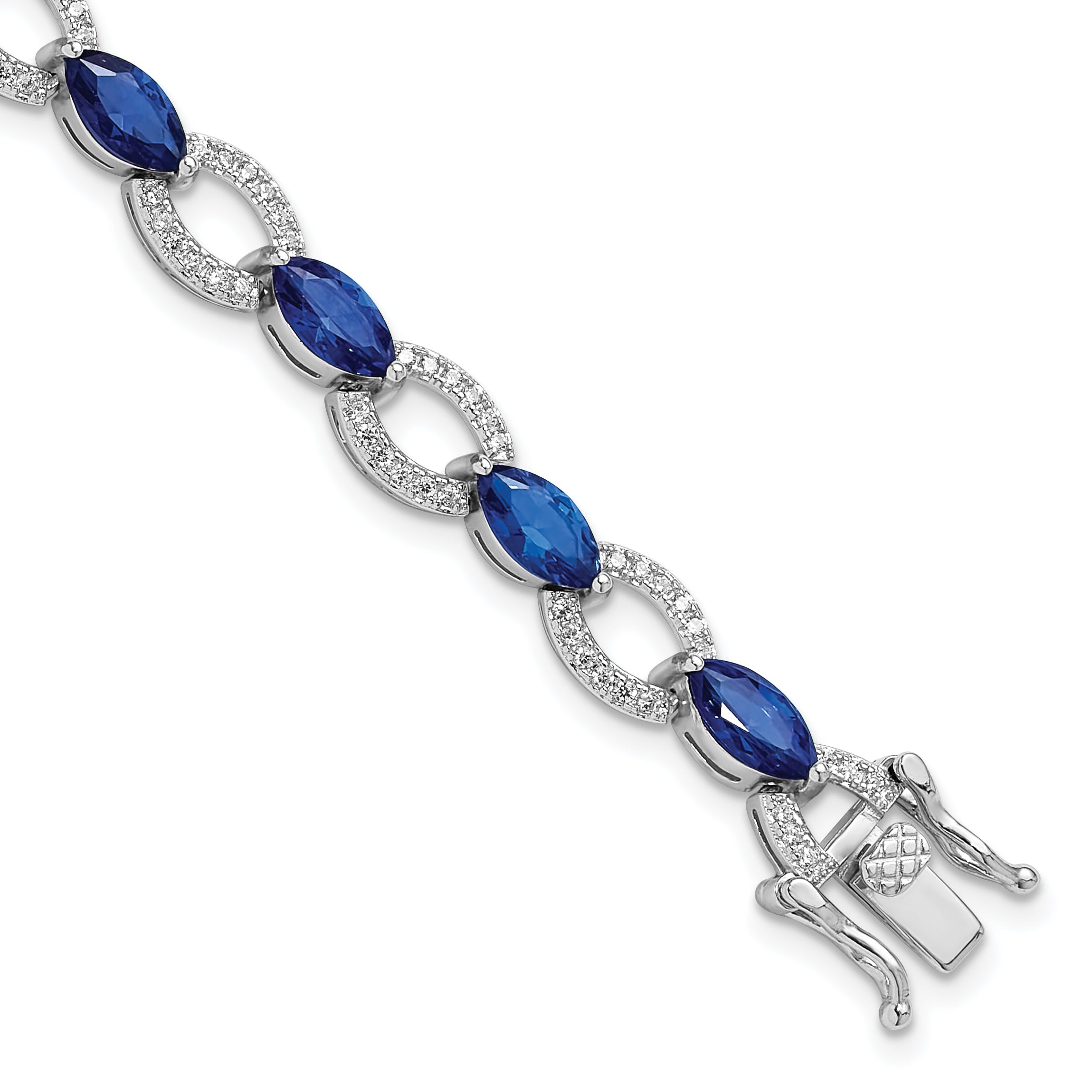 Sterling Silver Rhodium-Rhodium-Plated White and Blue CZ Link Bracelet
