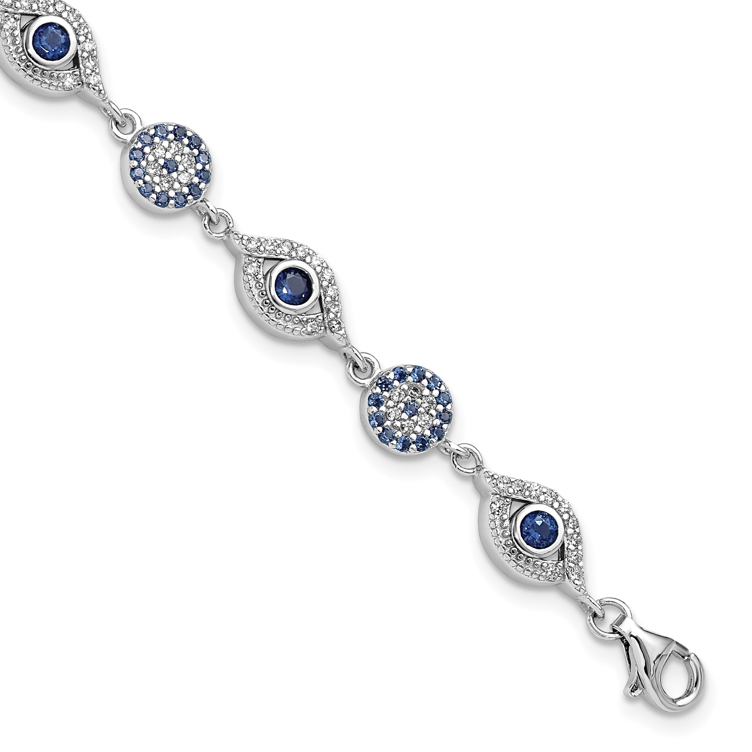Sterling SilverRhodium-Rhodium-Plated Blue White CZ Evil Eye 7.25in w/1.5in ext. Bracel