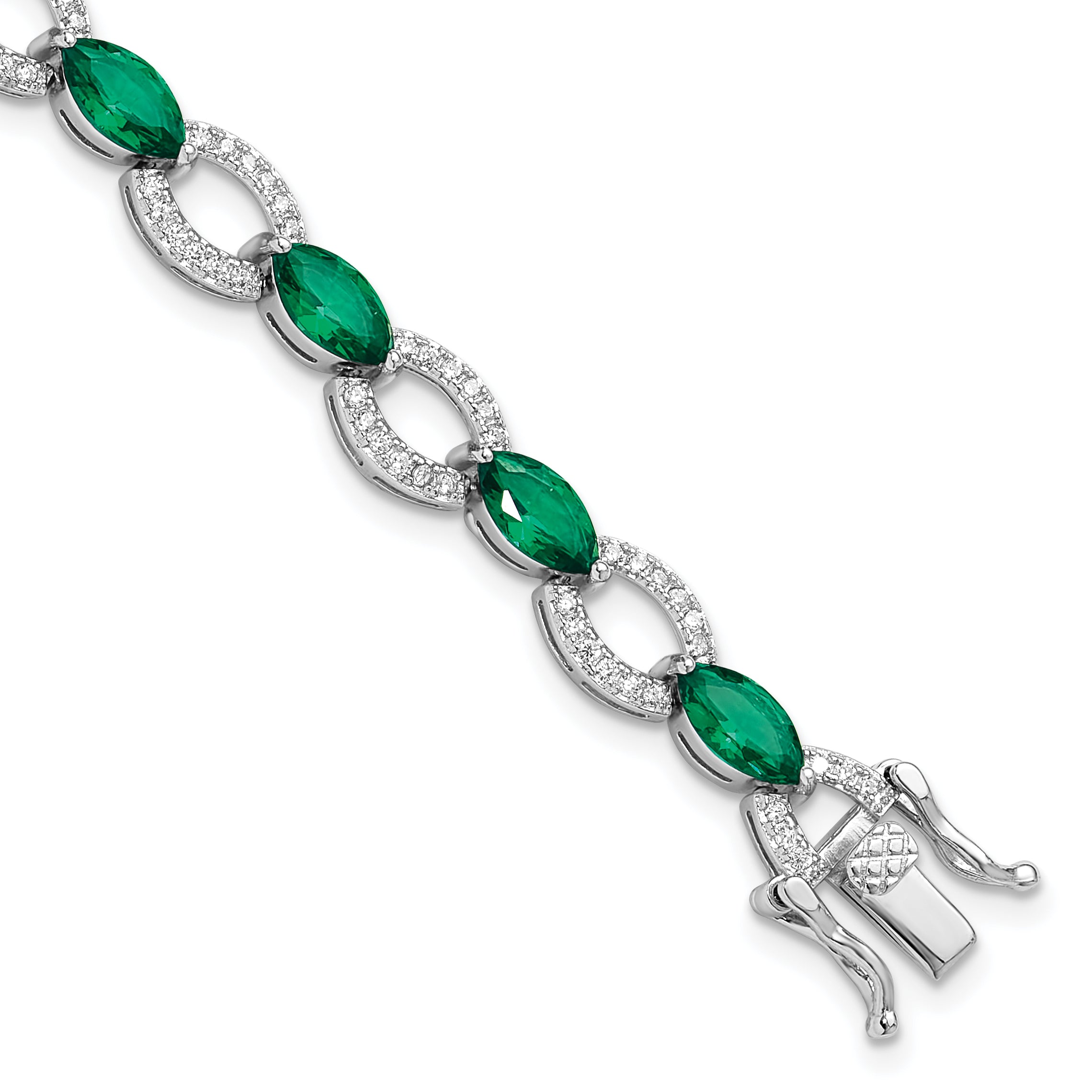 Sterling Silver Rhodium-Rhodium-Plated White and Green CZ Link Bracelet