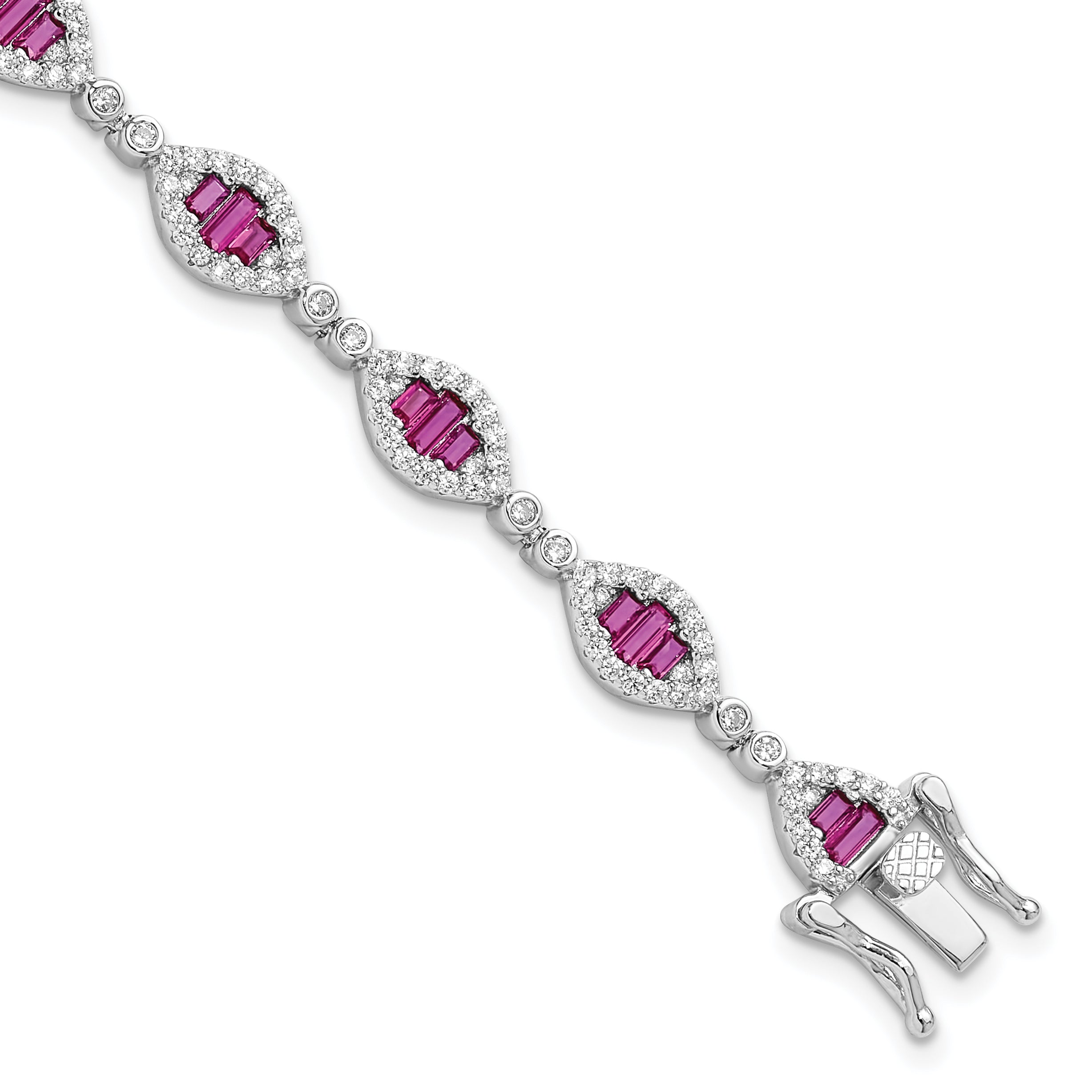 Sterling Silver Rhodium-Rhodium-Plated White and Red CZ Link Bracelet