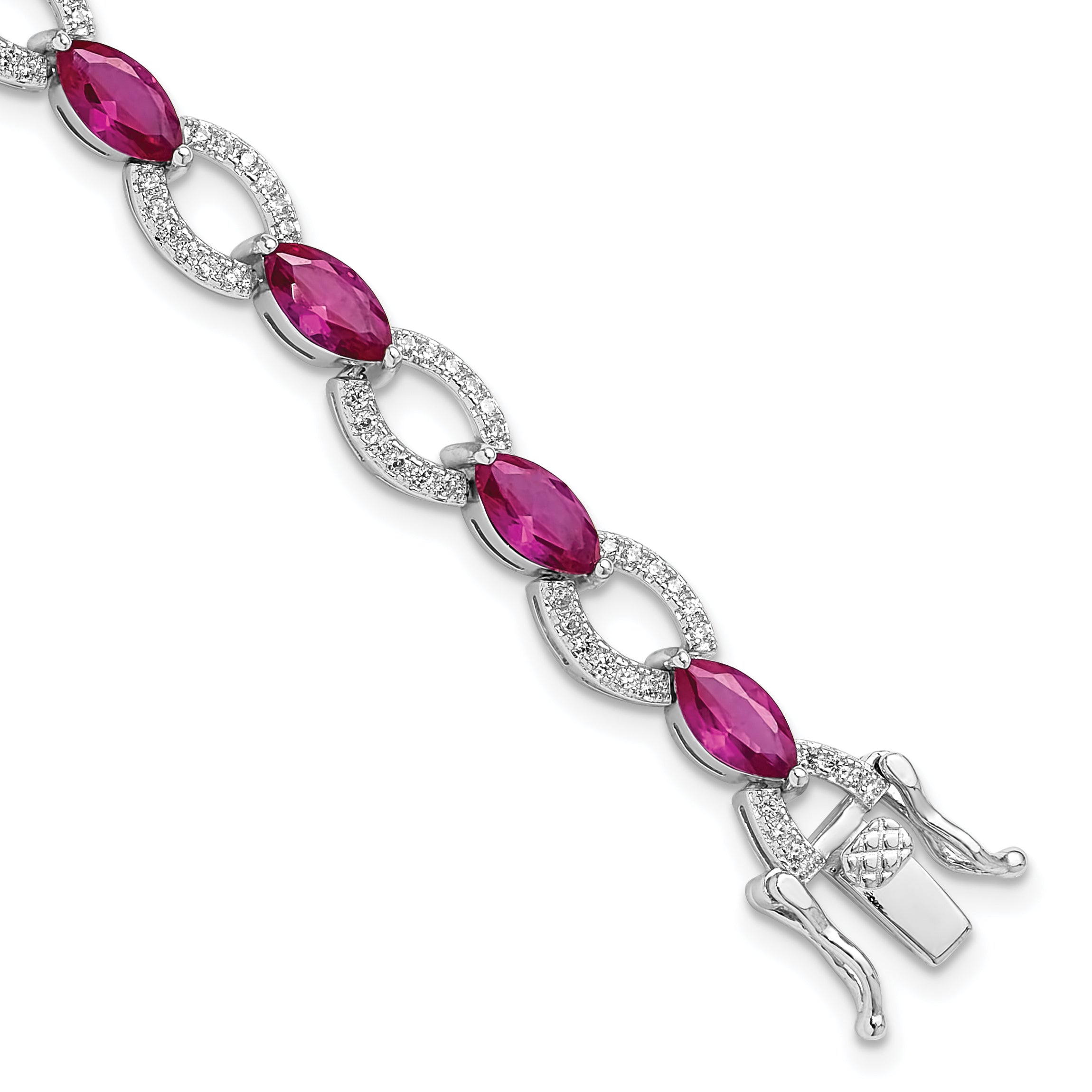 Sterling Silver Rhodium-Rhodium-Plated White and Red CZ Link Bracelet