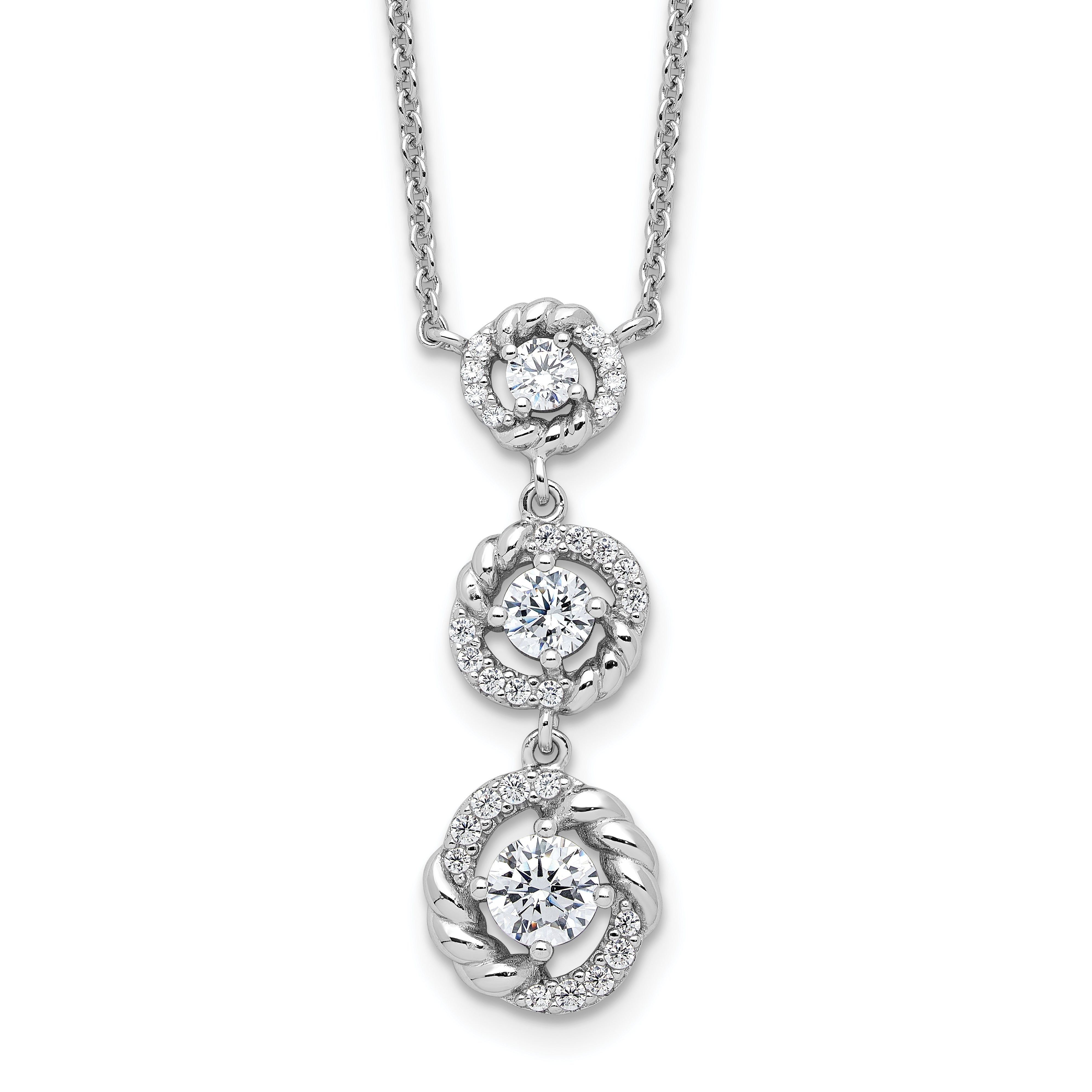 Pure Fire Sterling Silver Rhodium-Platedod-plated Fancy 16in With 2 Inch Extention CZ Dangle Neckla