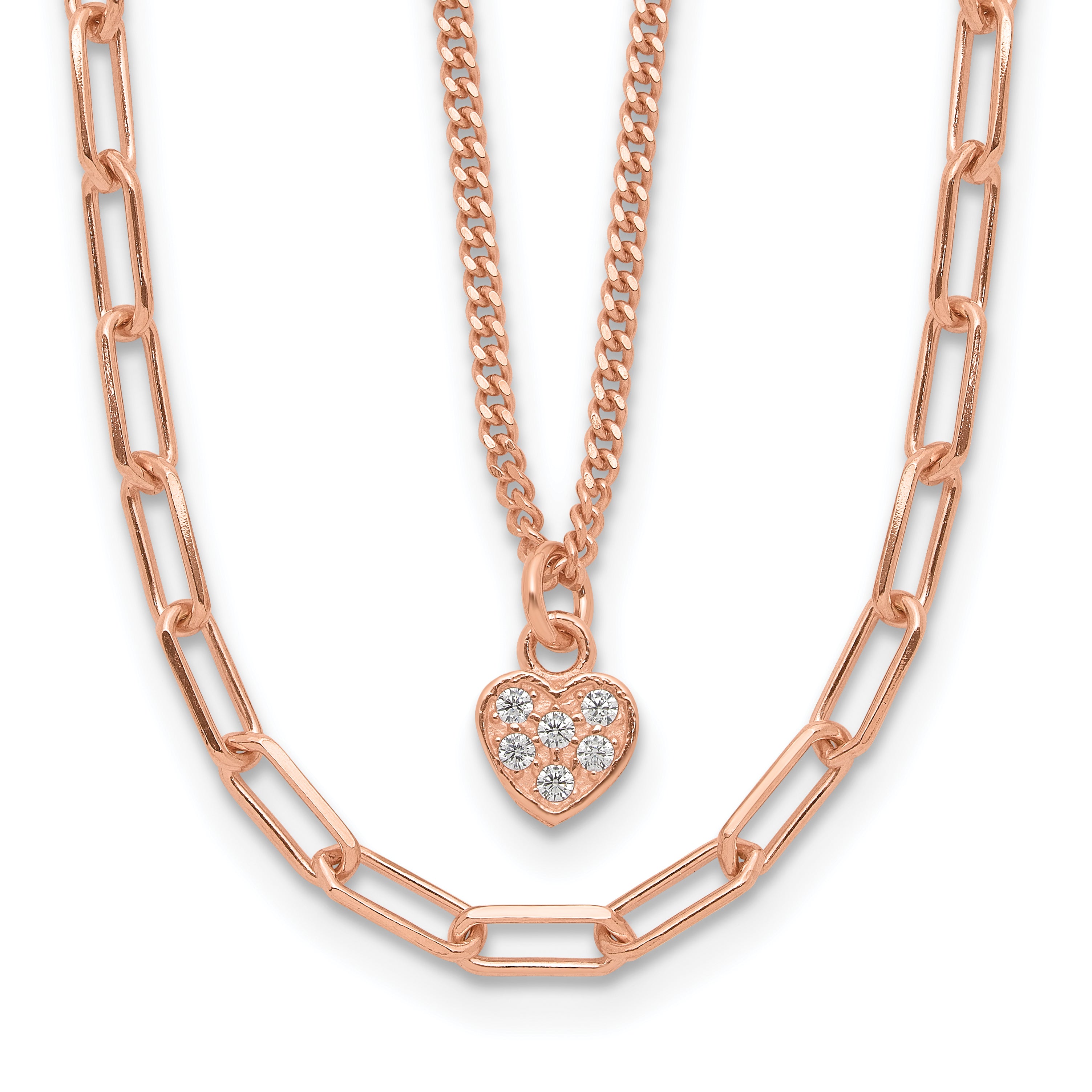 Sterling Silver Rose Gold-plated CZ Heart 17in With 2 Inch Extention. Necklace