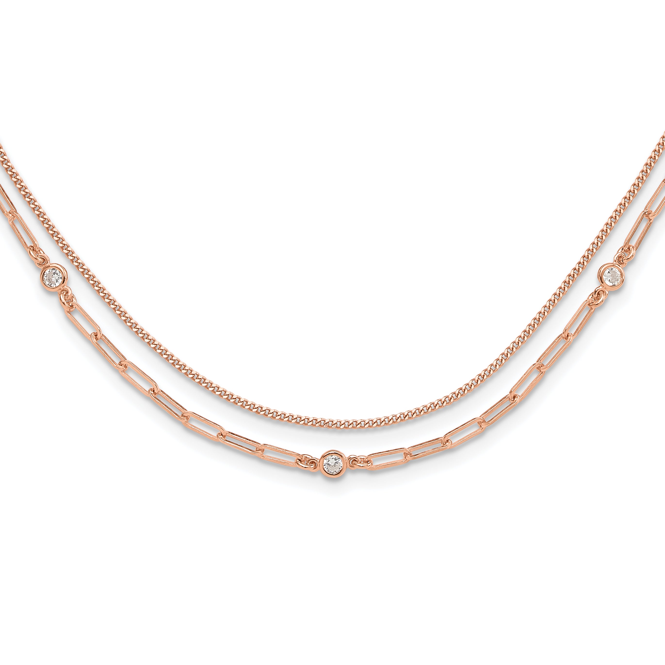 Sterling Silver Rose Gold-plated CZ 2 Strand 17in With 2 Inch Extention. Necklace