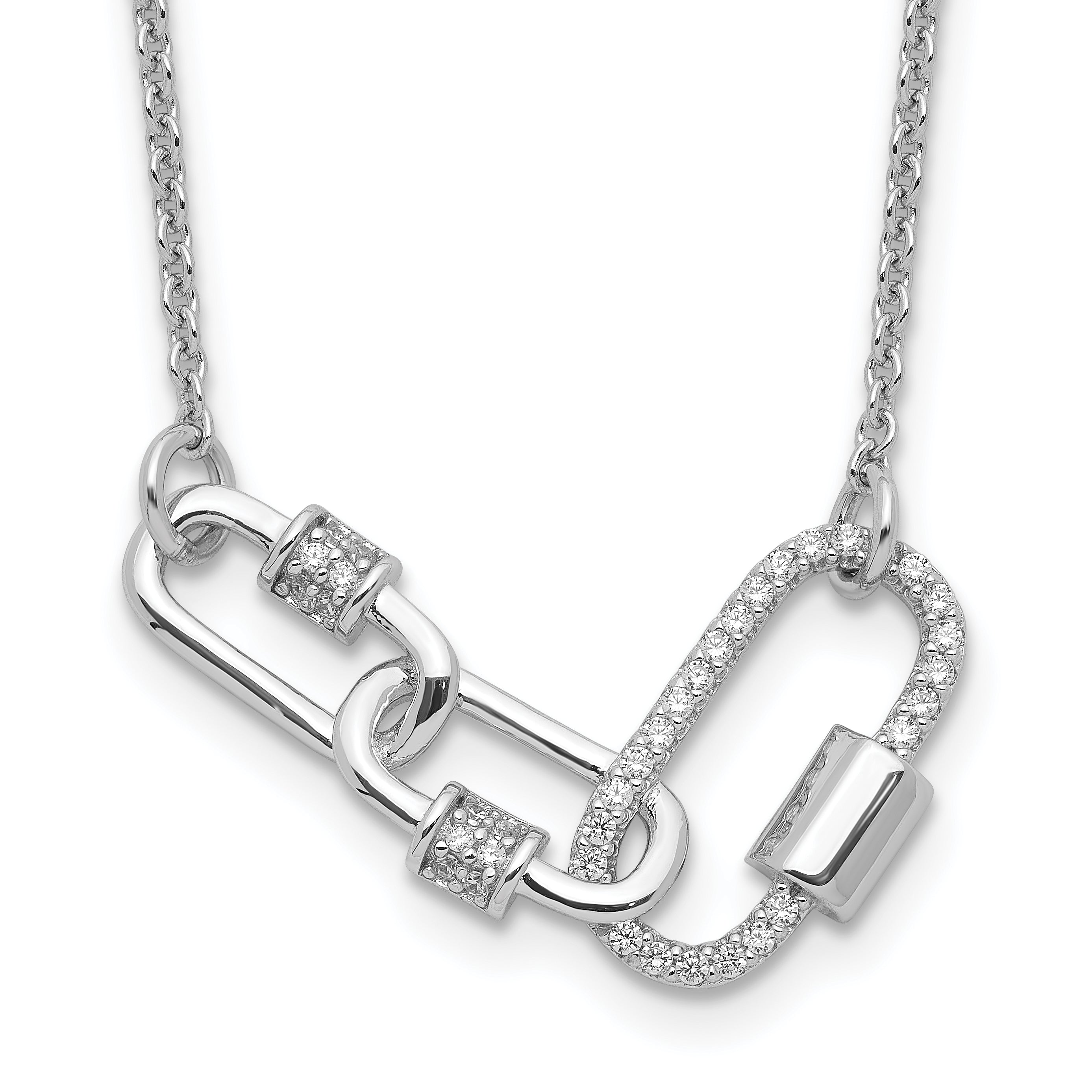 Sterling Silver Rhodium-Rhodium-Plated Fancy Link CZ 16in w/1in ext Necklace