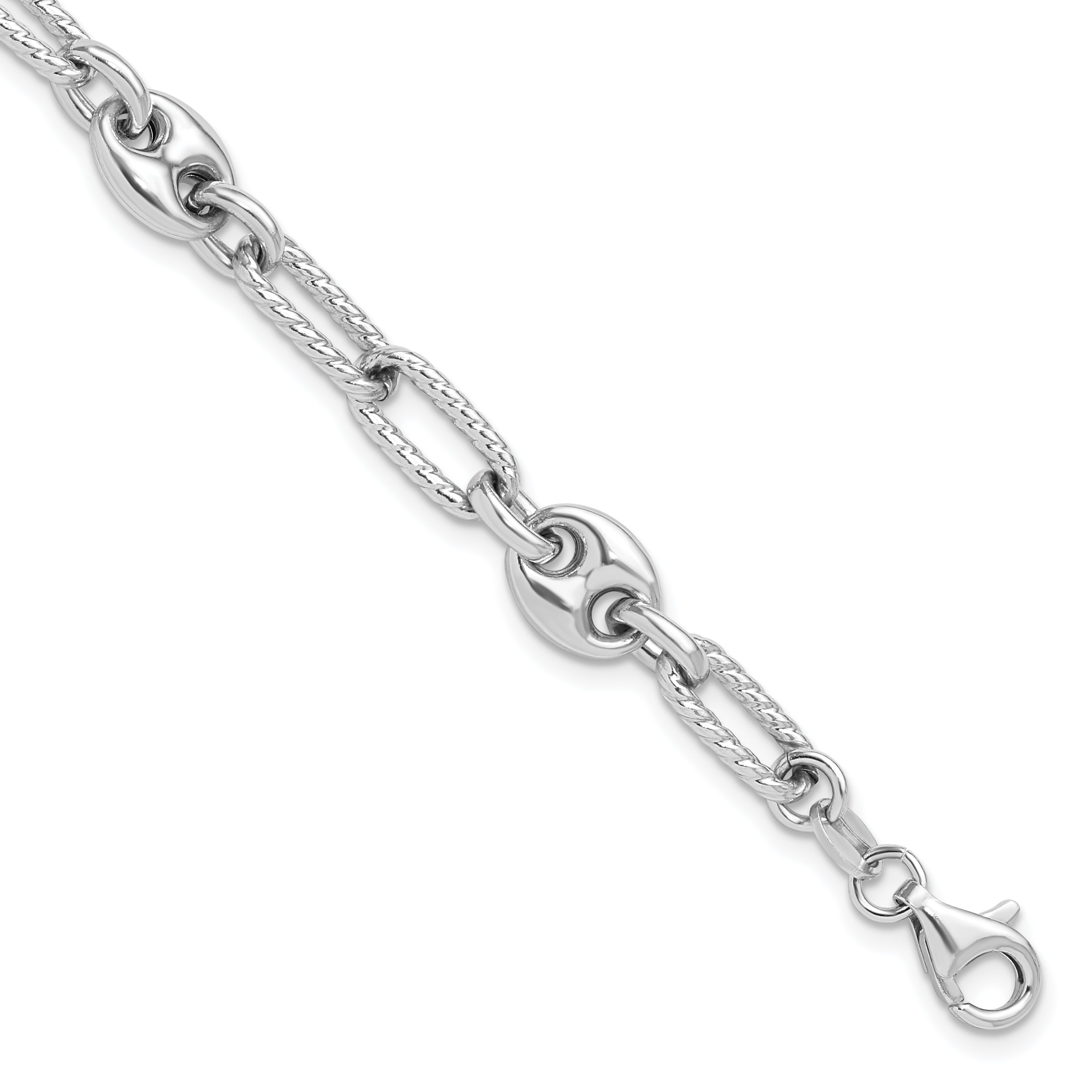 Sterling Silver Rhodium-Rhodium-Plated 7 w/1in ext Fancy Link Bracelet