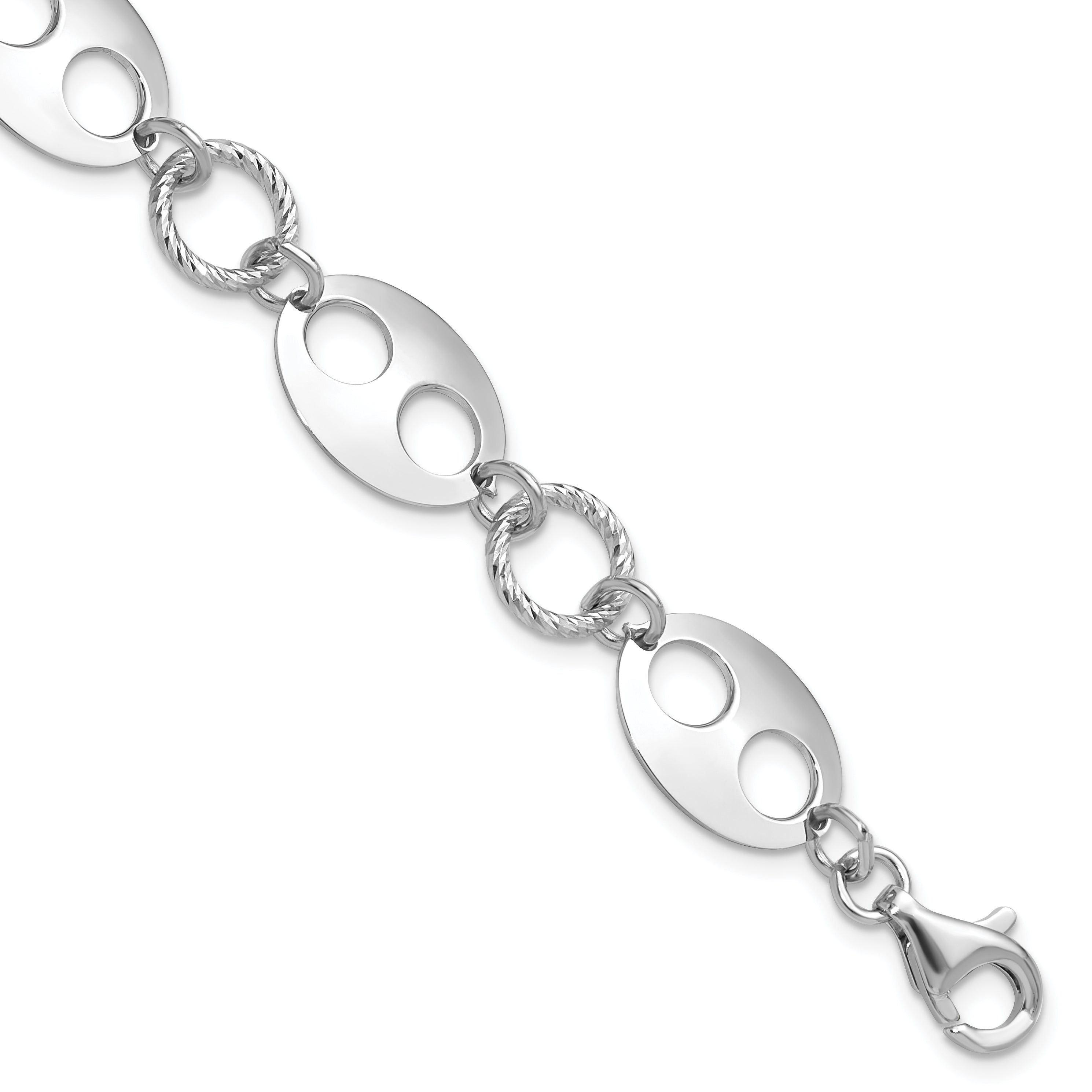 Sterling Silver Rhodium-plated D/C Link w/1 in ext. Bracelet