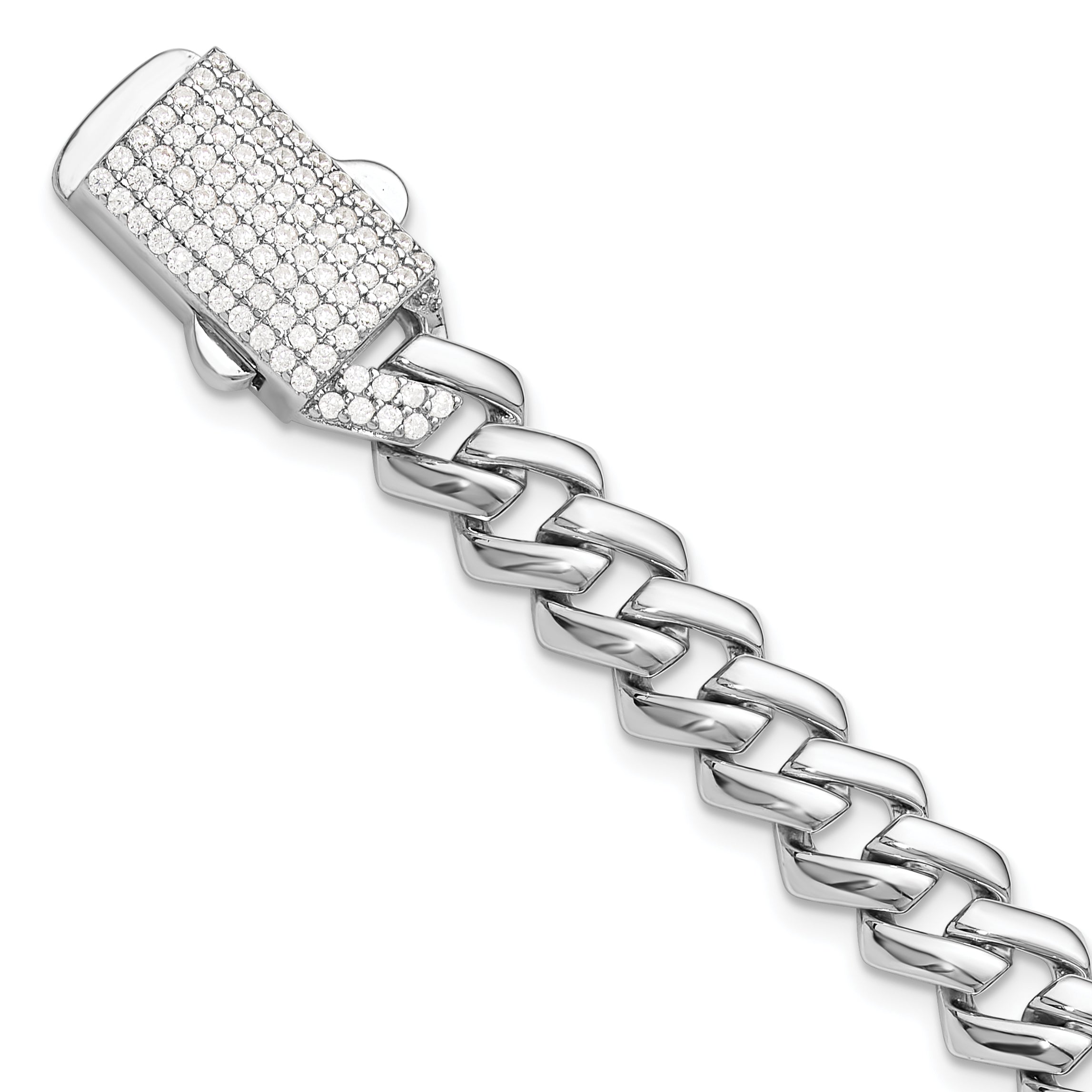 Sterling Silver Rhodium-Rhodium-Plated Monaco Link CZ Pav‚ Clasp 7.5IN Bracelet
