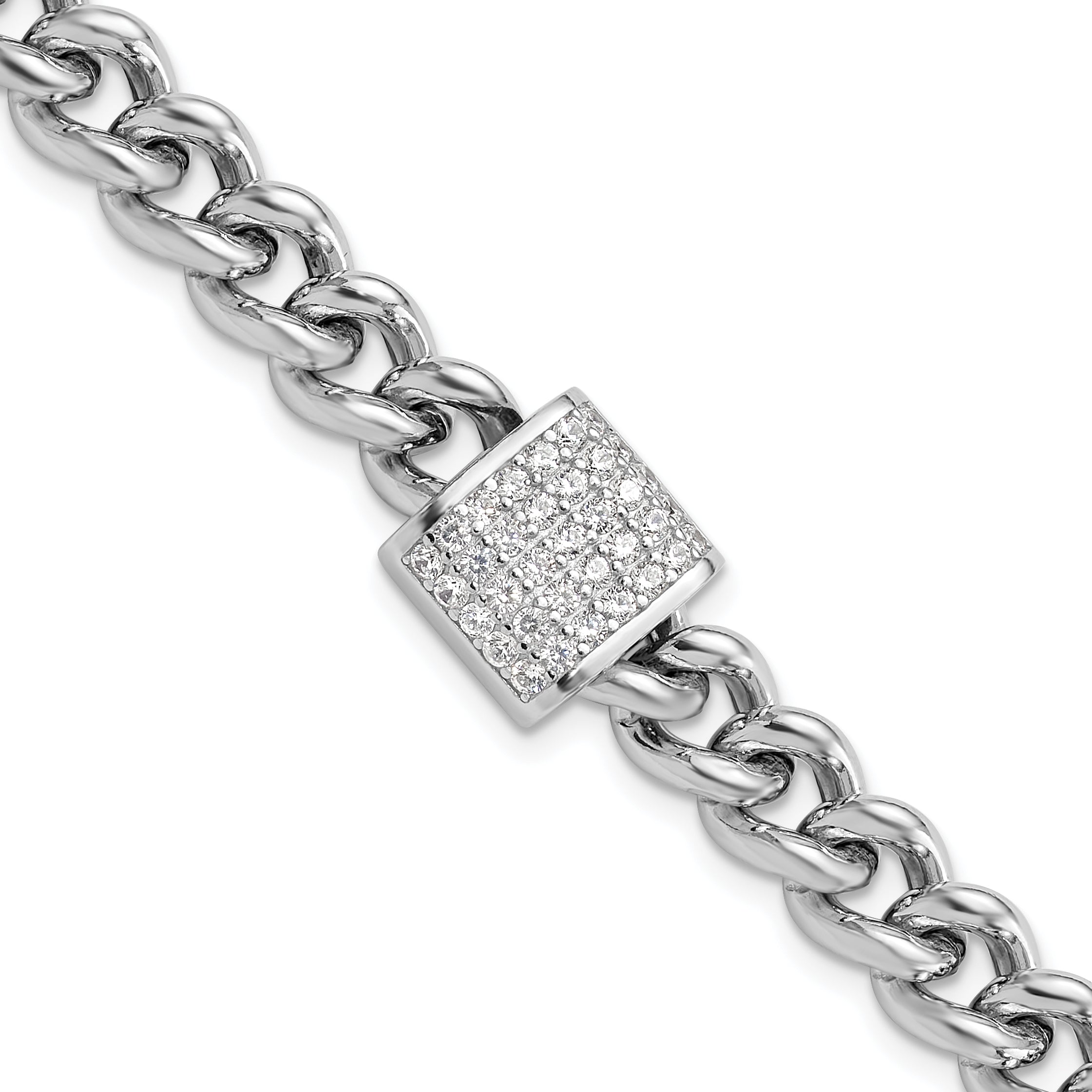 Sterling Silver Rhodium-Rhodium-Plated CZ Curb Link 7in with 1in Ext. Bracelet
