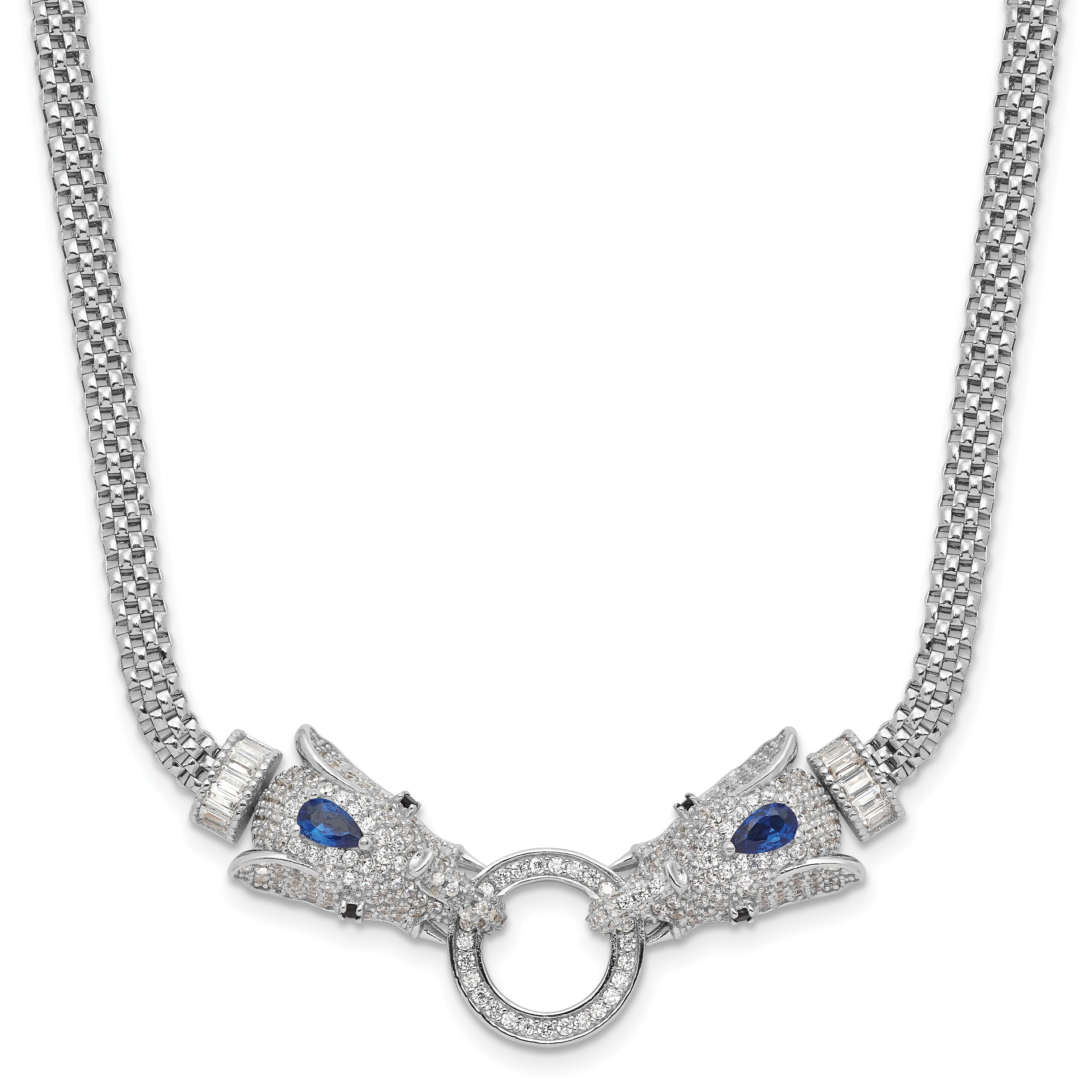 Sterling Silver Rhodium-Rhodium-Plated Blue and Clear CZ Elephant Head Necklace