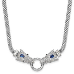 Sterling Silver Rhodium-Rhodium-Plated Blue and Clear CZ Elephant Head Necklace