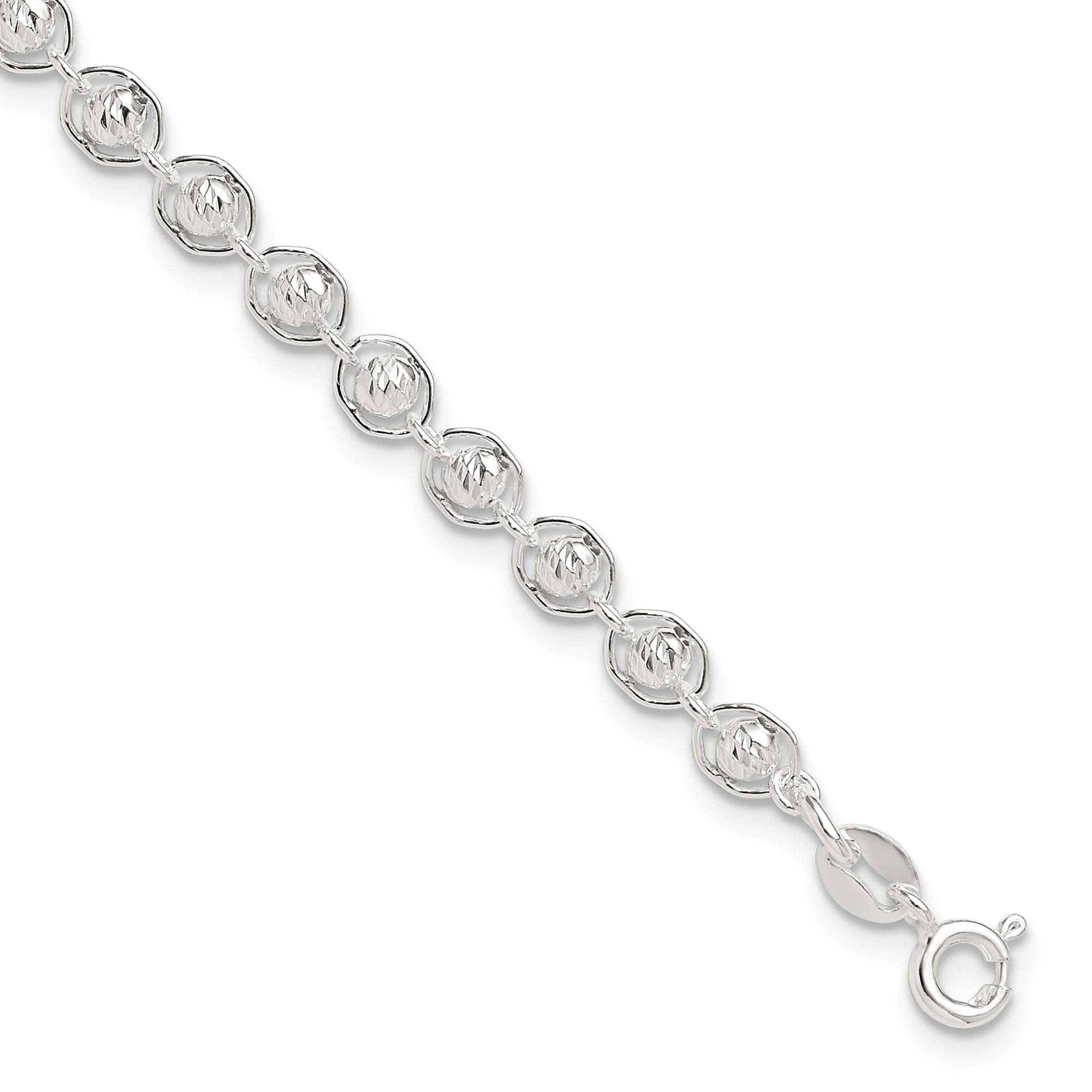 Sterling Silver Polished and Diamond Cut Beaded Bracelet