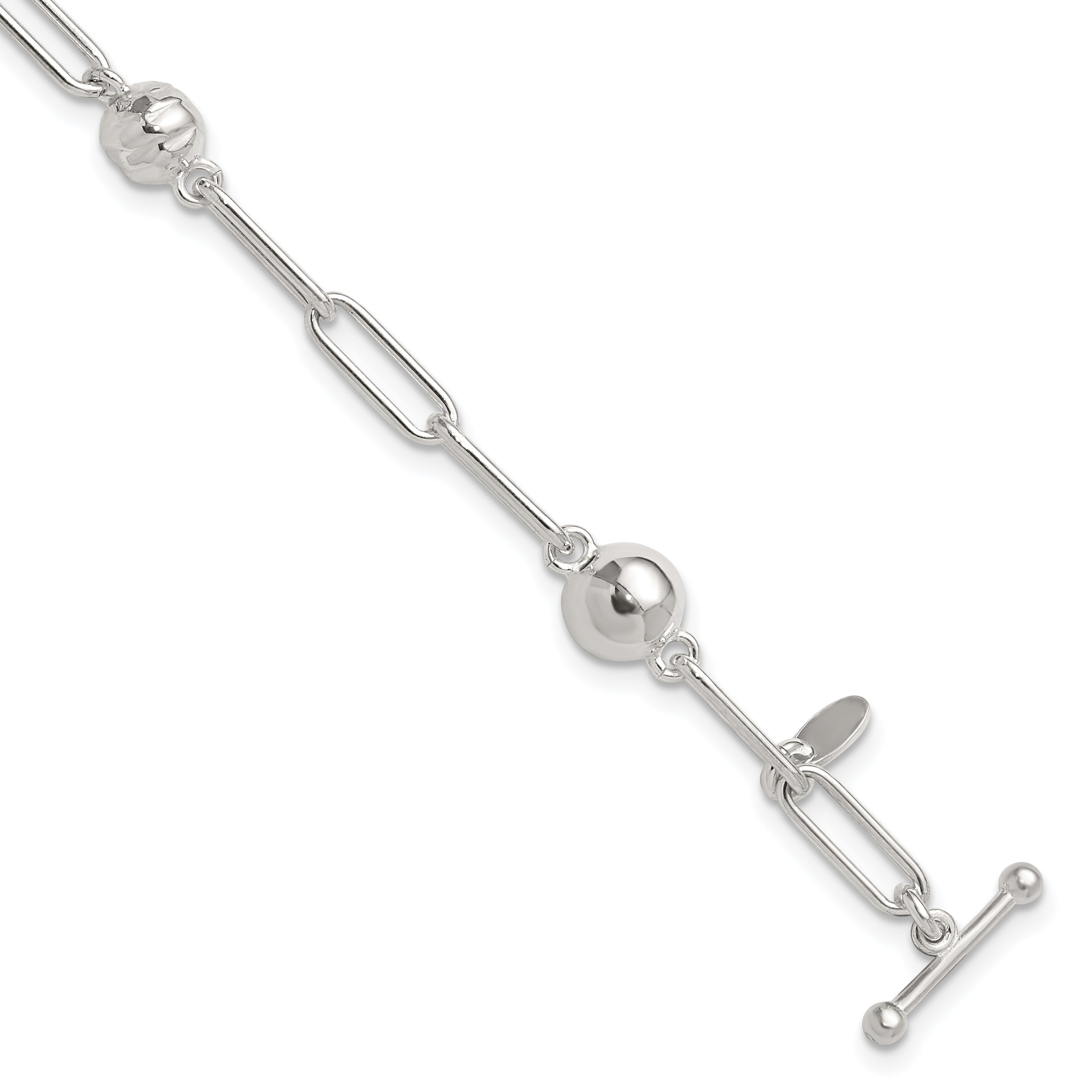 Sterling Silver Polished and Textured Beaded Link Toggle Bracelet