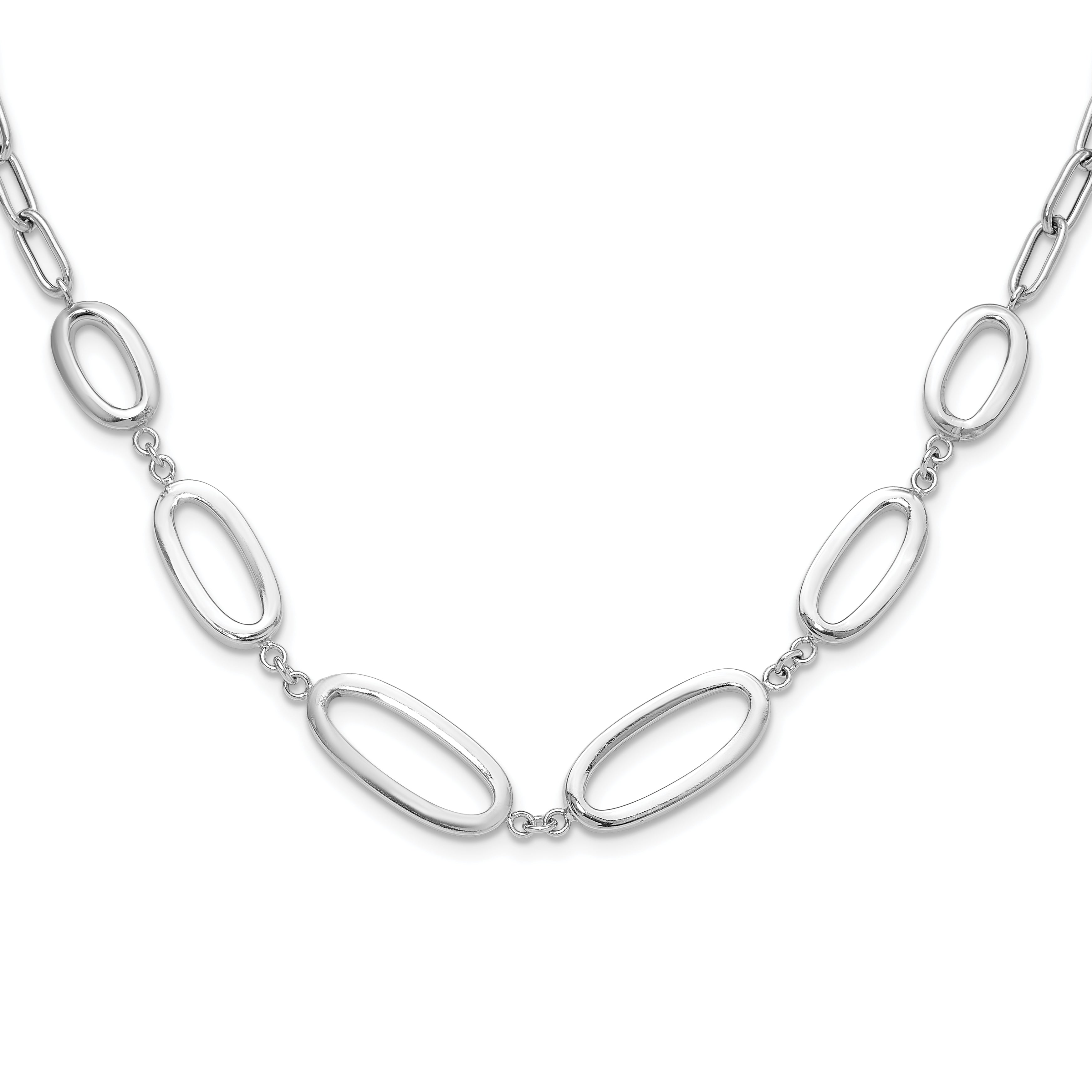 Sterling Silver Rhodium-Rhodium-Plated Fancy Ovals With 2 Inch Extention. Necklace