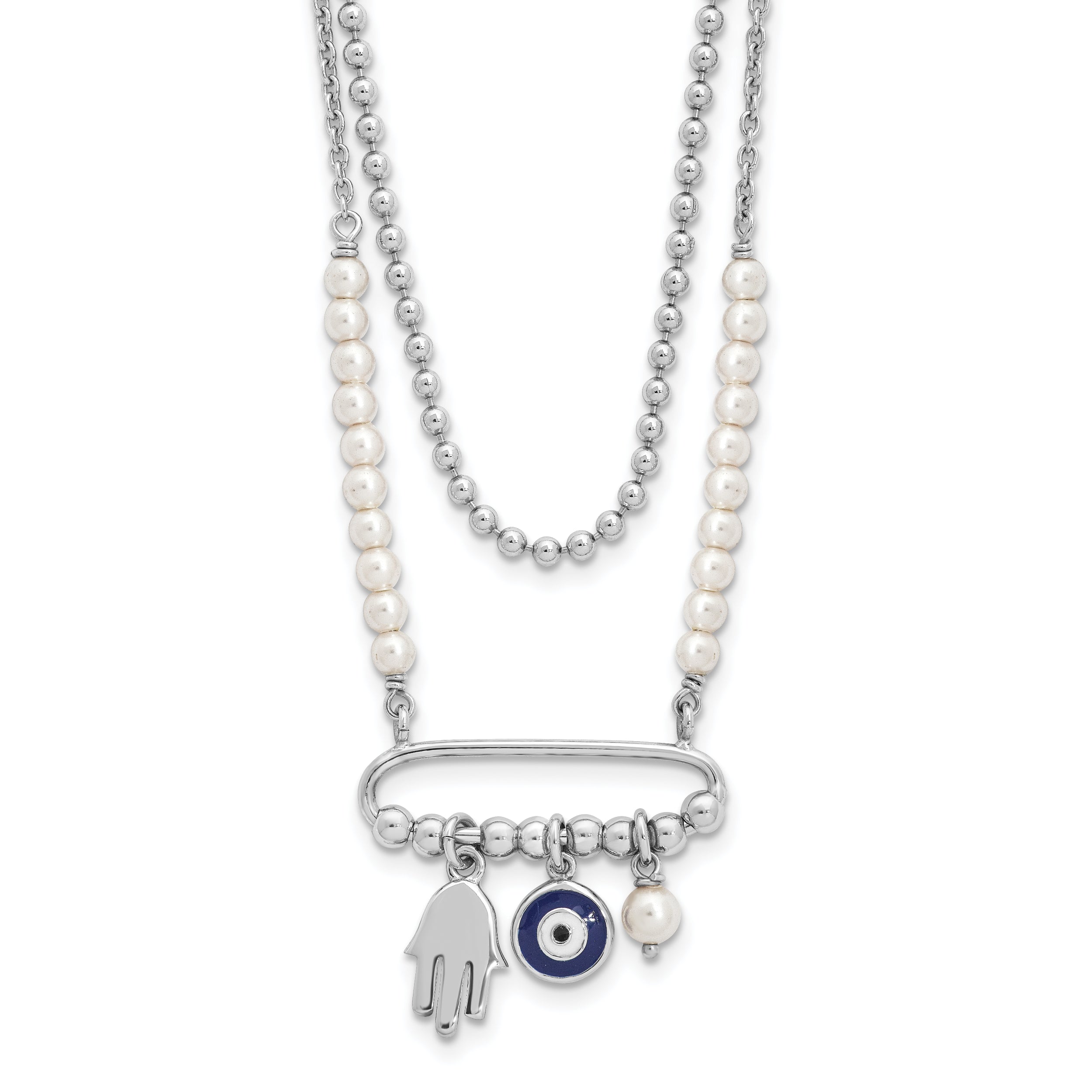 Sterling Silver Rhodium-Plated Enamel Eye Hamsa Glass Pearl 16in With 2 Inch Extention Necklace