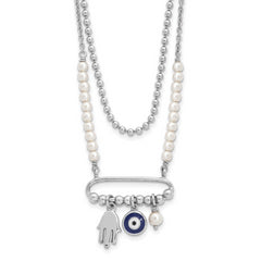 Sterling Silver Rhodium-Plated Enamel Eye Hamsa Glass Pearl 16in With 2 Inch Extention Necklace