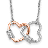 Sterling Silver Rh-plated Rose-tone Double Heart CZ w/2in ext Necklace