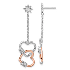 Pure Fire Sterling Silver Rhod-plated Rose-tone CZ Hearts Dangle Post Earri