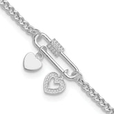 Sterling Silver RH-plated CZ Heart Moveable 7in w/ 1in ext Bracelet