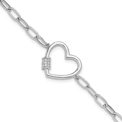 Sterling Silver Rhodium-plated with CZ Heart Paperclip Link 7.5in Bracelet