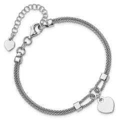 Sterling Silver Rhod-plated Polished Heart Dangle 6.5in 1.5in ext Bracelet