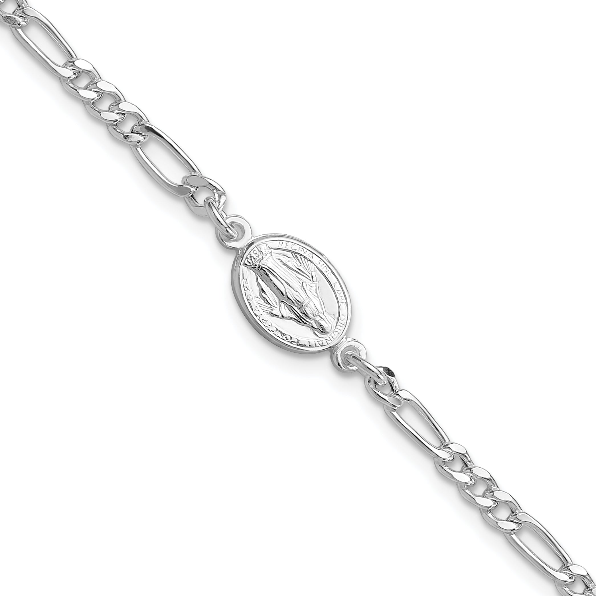 Sterling Silver RH-plated Miraculous Medal 7.25in With 1in ext. Bracelet