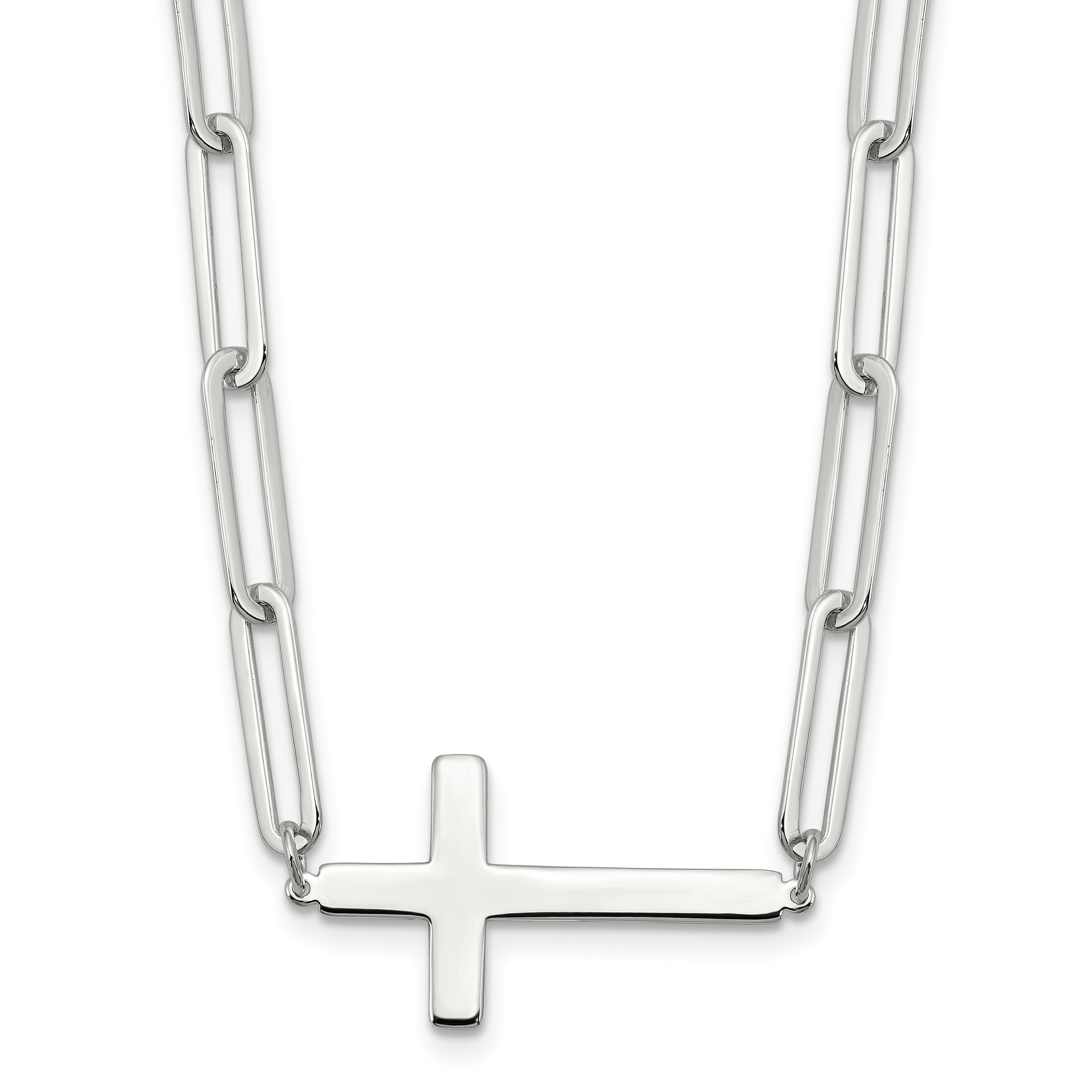 Sterling Silver E-Coated Cross Paperclip Link With 2 in ext Necklace
