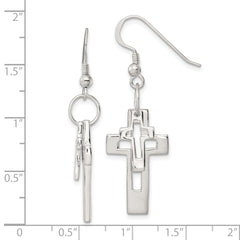 Sterling Silver Polished Double Open Cross Shepherd Hook Earrings