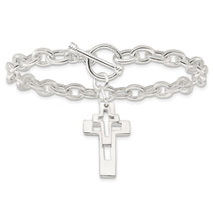 Sterling Silver E-Coated Double Open Cross Toggle Bracelet