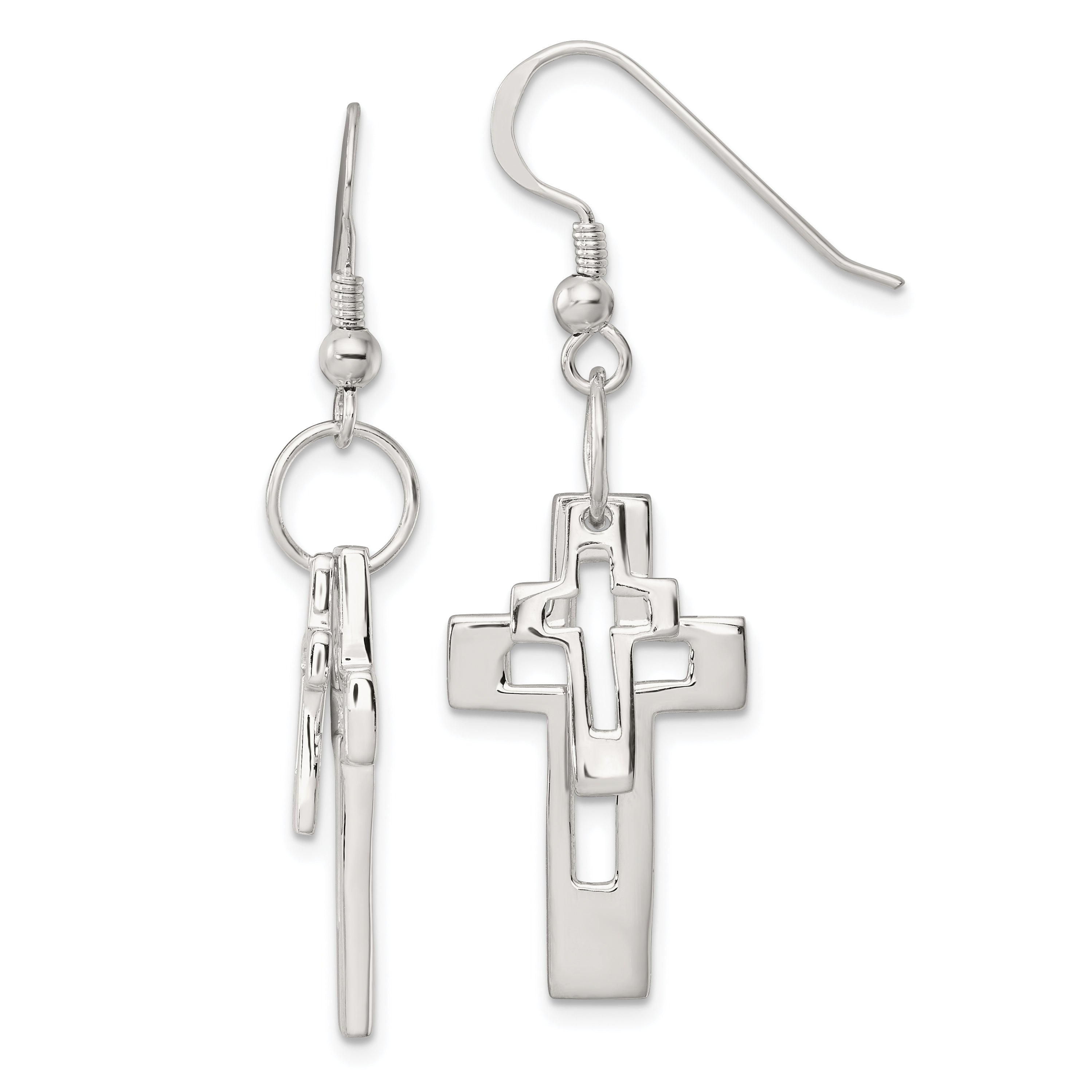 Sterling Silver Polished Double Open Cross Shepherd Hook Earrings