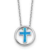 Sterling Silver RH-plated Blue Cr. Opal Inlay Cross 16in With 2in ext Necklace