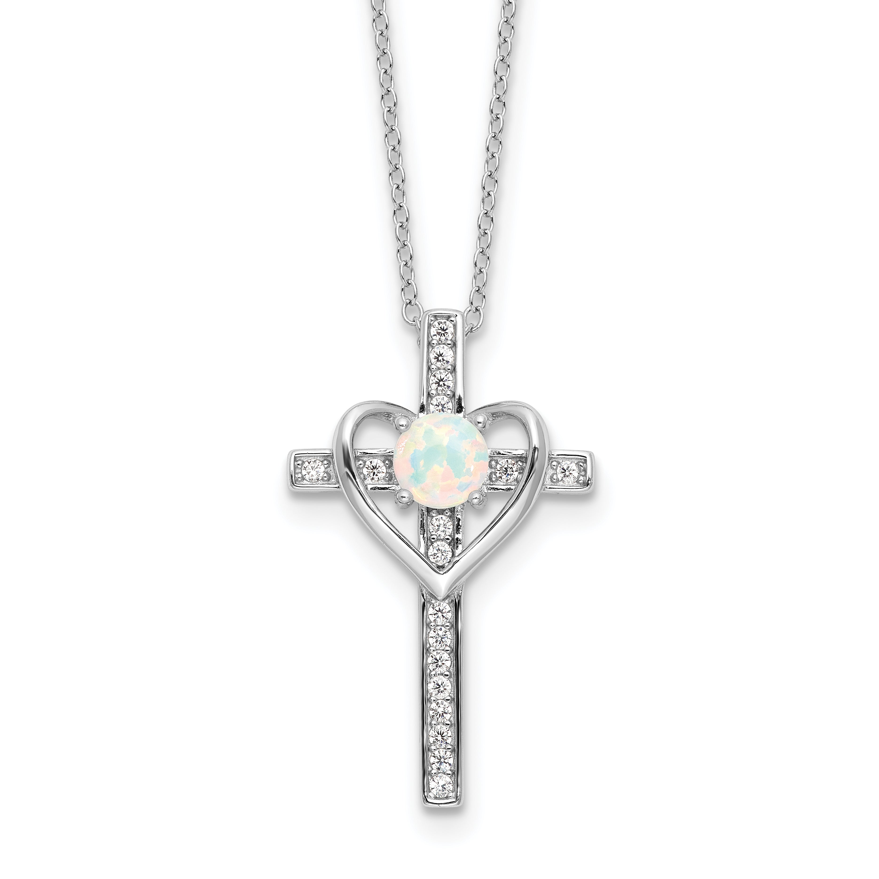 Sterling Silver RH-plated Created Opal and CZ Cross With Heart 18in Necklace