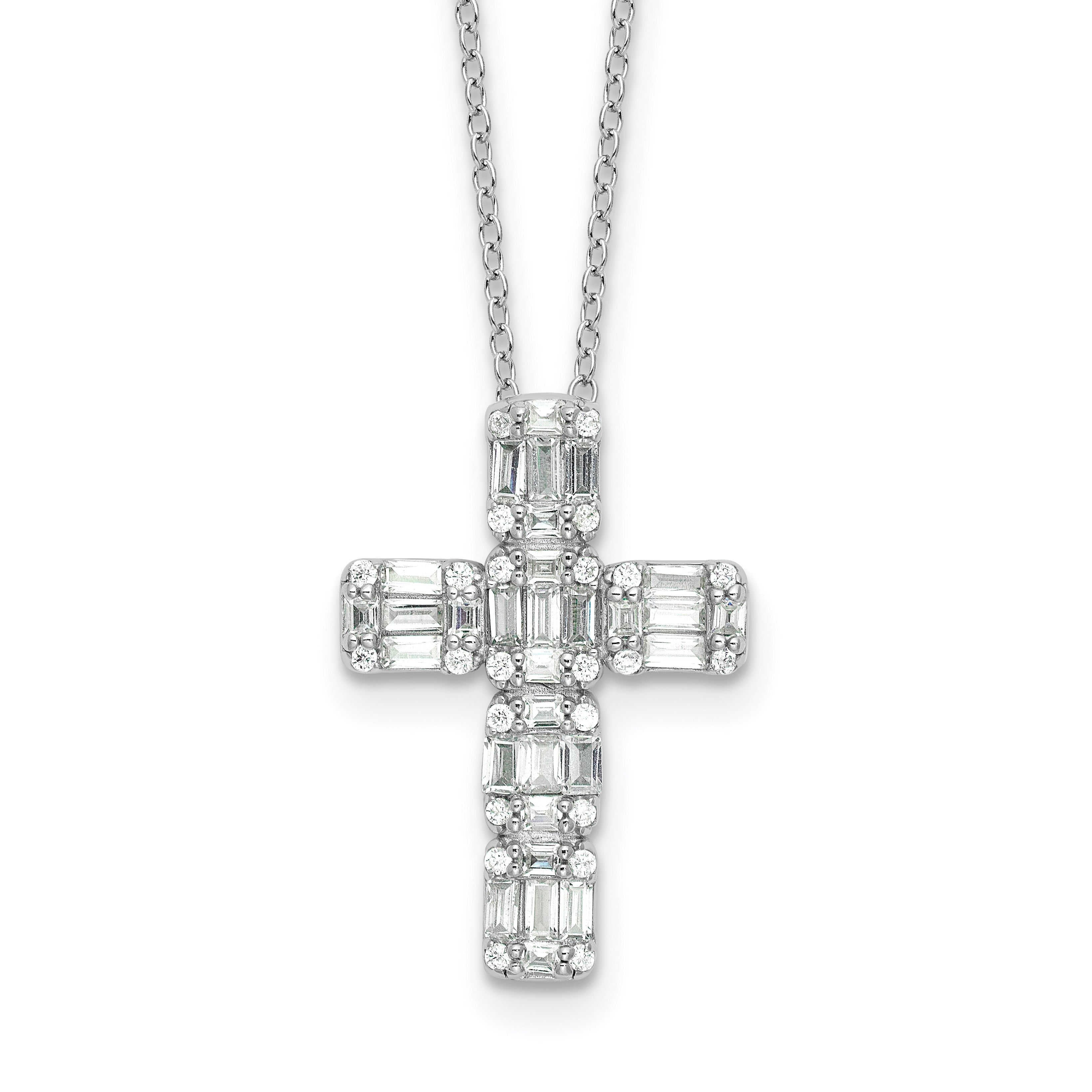 Sterling Silver Rhodium-Rhodium-Plated Baguette CZ Cross 18in Necklace