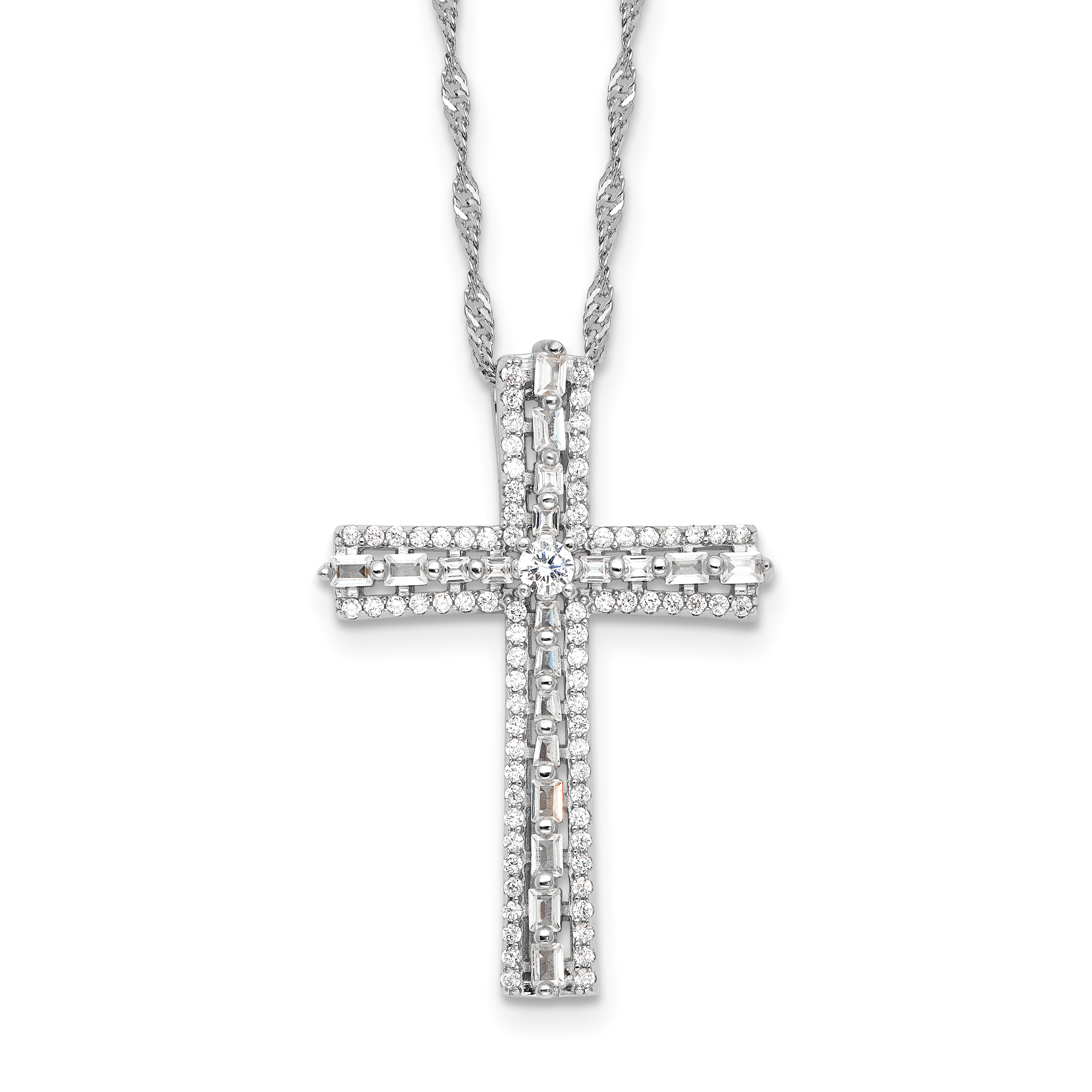 Sterling Silver Rhodium-Rhodium-Plated CZ Cross 18in With 2 Inch Extention. Necklace