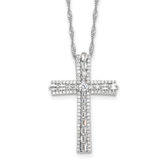 Sterling Silver Rhodium-Rhodium-Plated CZ Cross 18in With 2 Inch Extention. Necklace
