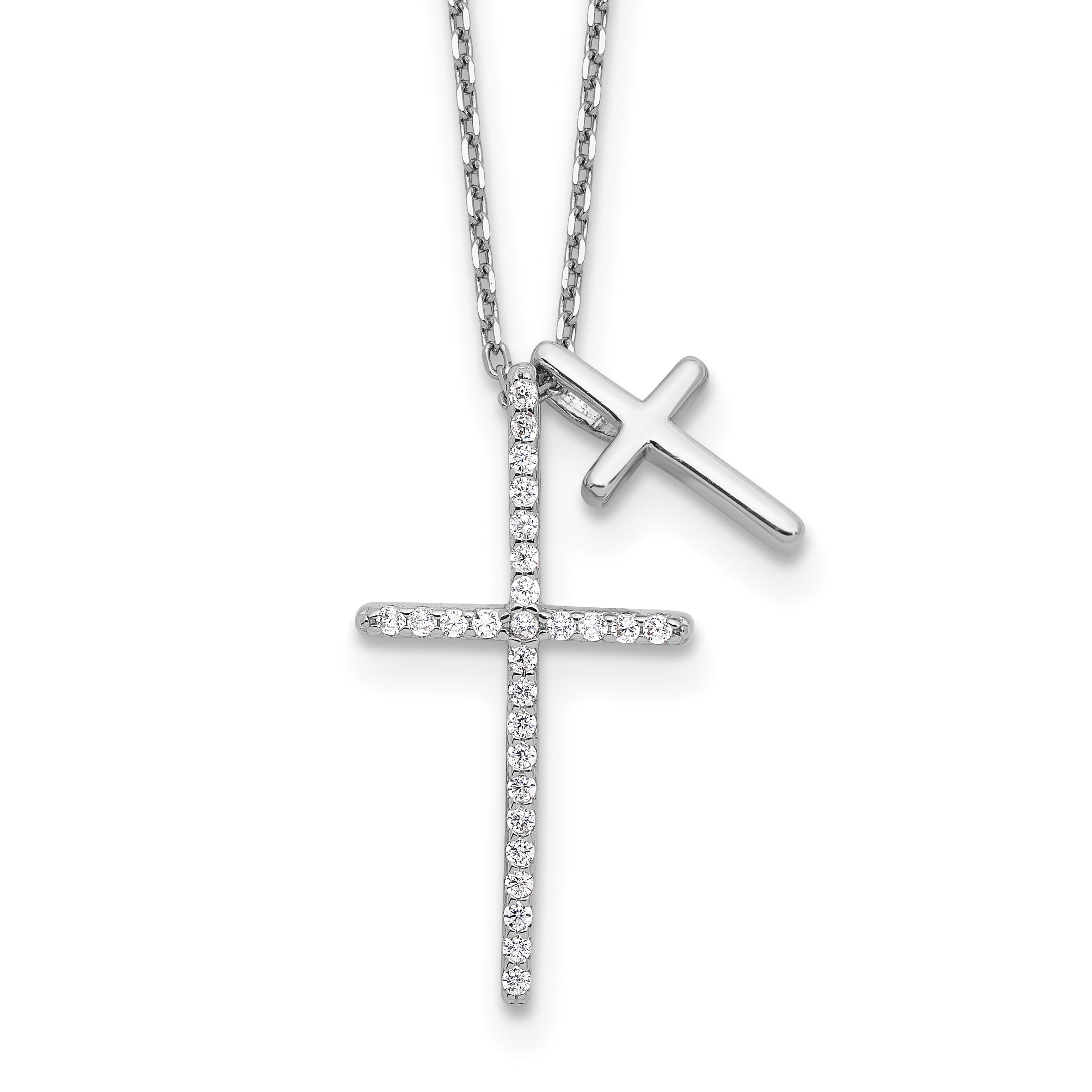 Sterling Silver Rhodium-Rhodium-Plated with CZ Double Cross 18in Necklace