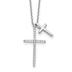 Sterling Silver Rhodium-Rhodium-Plated with CZ Double Cross 18in Necklace