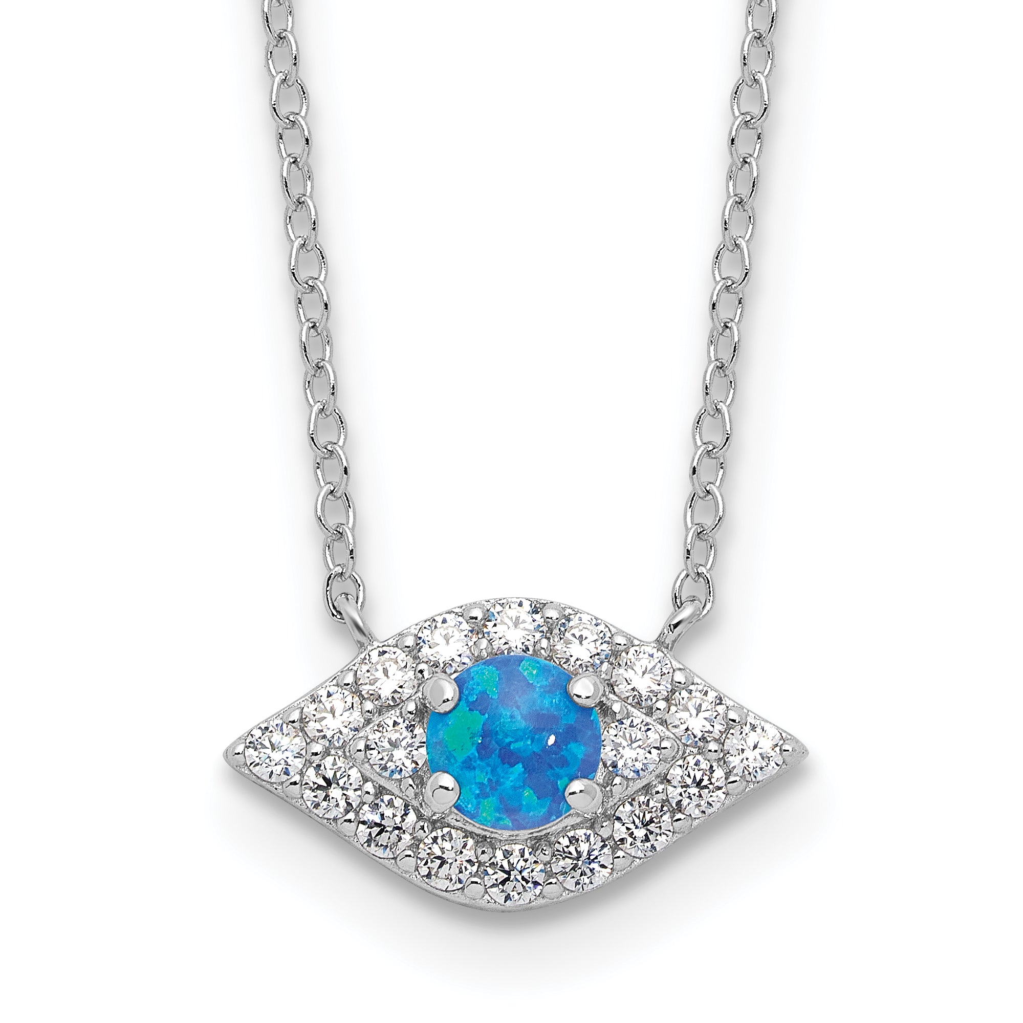 Sterling Silver Rhodium-Rhodium-Plated CZ Blue Cr. Opal Evil Eye With 2 Inch Extention Necklace