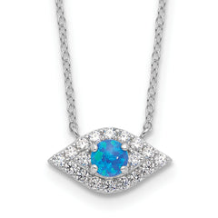 Sterling Silver Rhodium-Rhodium-Plated CZ Blue Cr. Opal Evil Eye With 2 Inch Extention Necklace