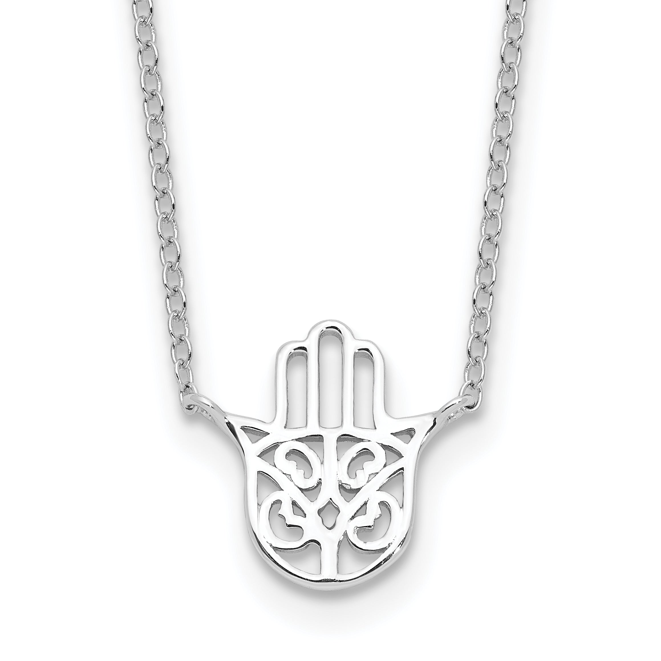 Sterling Silver Rhodium-Rhodium-Plated Hamsa 16in With 2 Inch Extention. Necklace