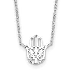 Sterling Silver Rhodium-Rhodium-Plated Hamsa 16in With 2 Inch Extention. Necklace