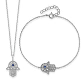 Sterling Silver RH-plate Cr.Blue Spinel and CZ Hamsa Bracelet/Necklace Set