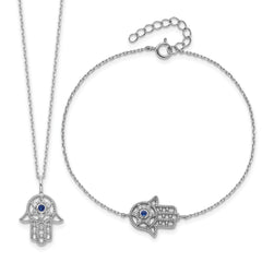 Sterling Silver RH-plate Cr.Blue Spinel and CZ Hamsa Bracelet/Necklace Set