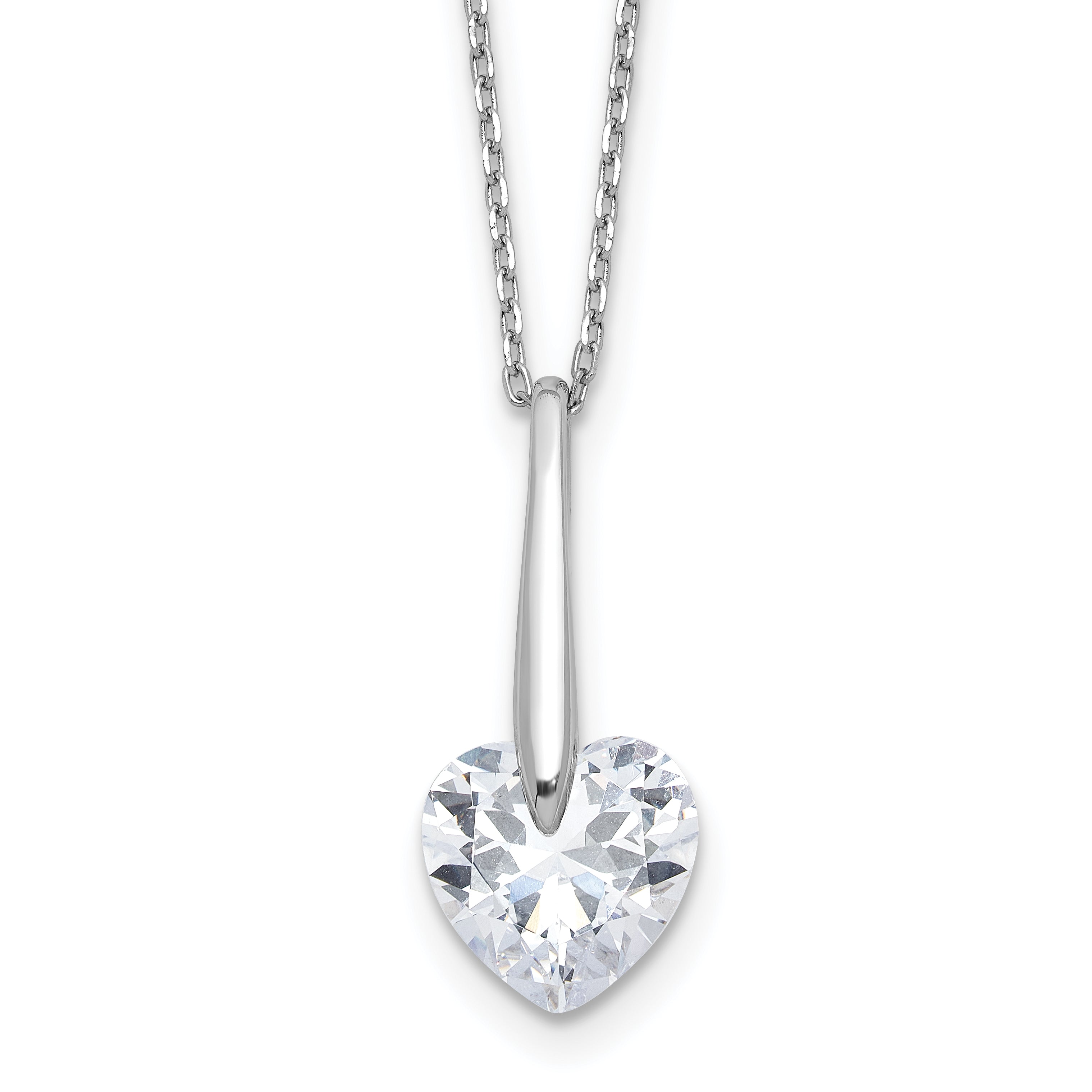 Sterling Silver Rhodium-Rhodium-Plated CZ Heart 16in With 2 Inch Extention Necklace