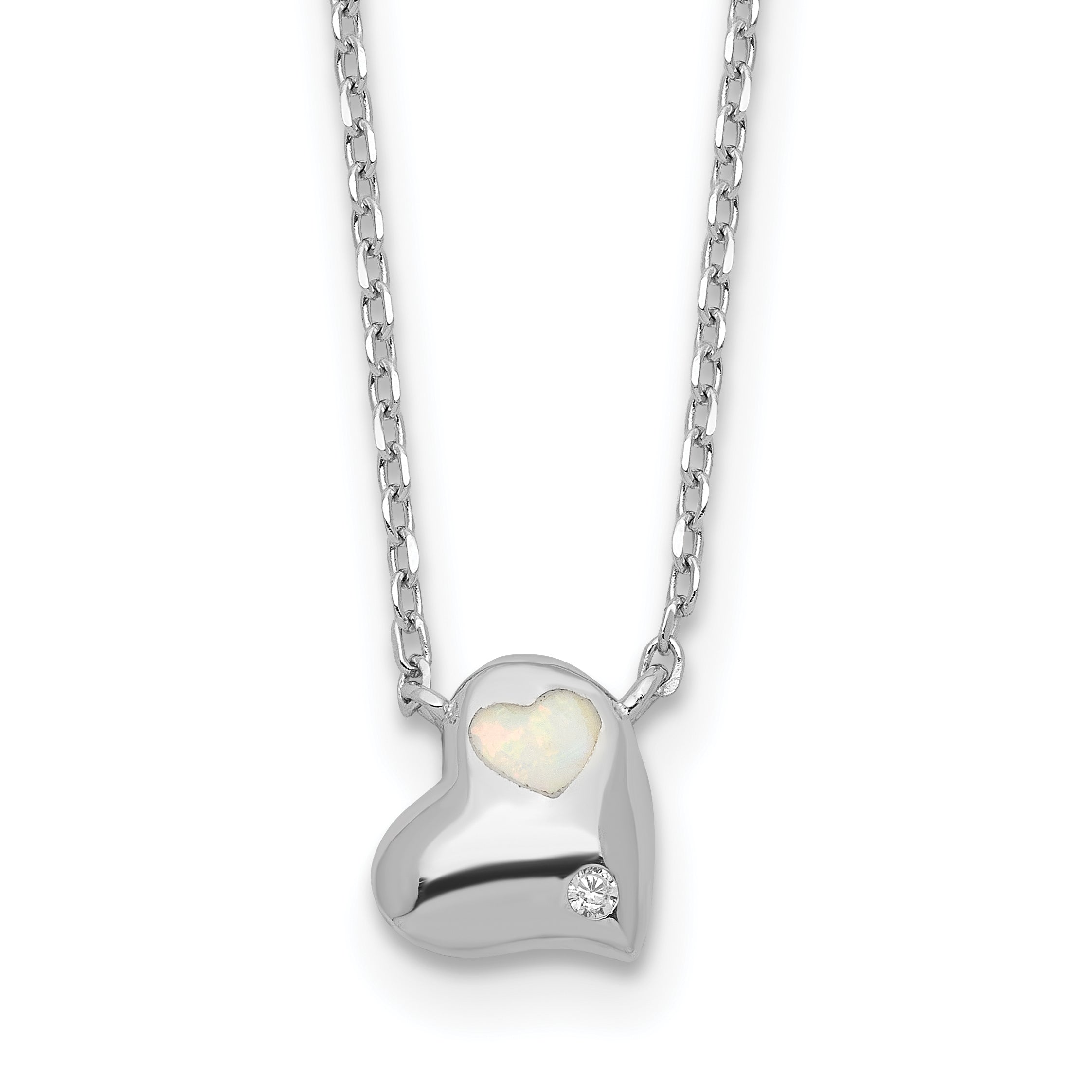 Sterling SilverRhodium-Rhodium-Plated Created Opal Inlay CZ Heart With 2 Inch Extention Necklace