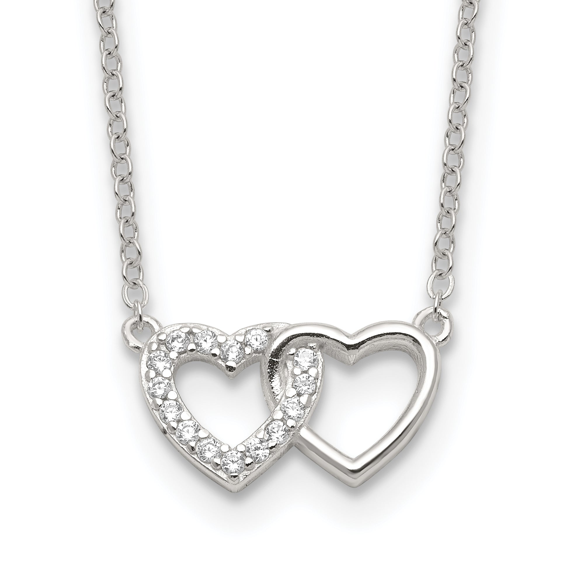 Sterling Silver E-Coating CZ Double Heart 16in With 2 Inch Extention Necklace