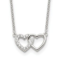 Sterling Silver E-Coating CZ Double Heart 16in With 2 Inch Extention Necklace