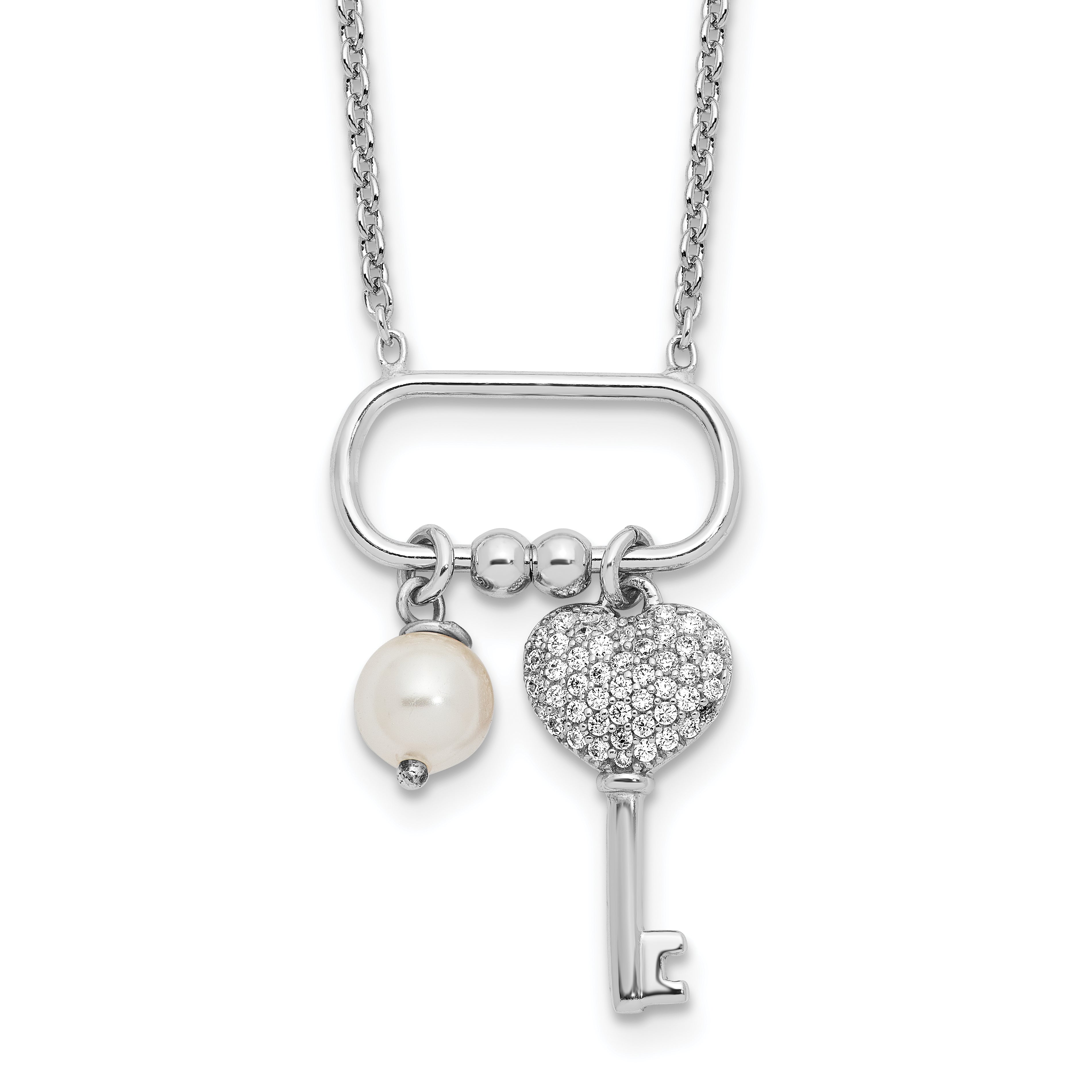 Sterling Silver Rhodium-Rhodium-Plated CZ Key/Glass Pearl 16in With 2 Inch Extention Necklace