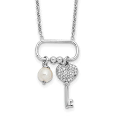 Sterling Silver Rhodium-Rhodium-Plated CZ Key/Glass Pearl 16in With 2 Inch Extention Necklace